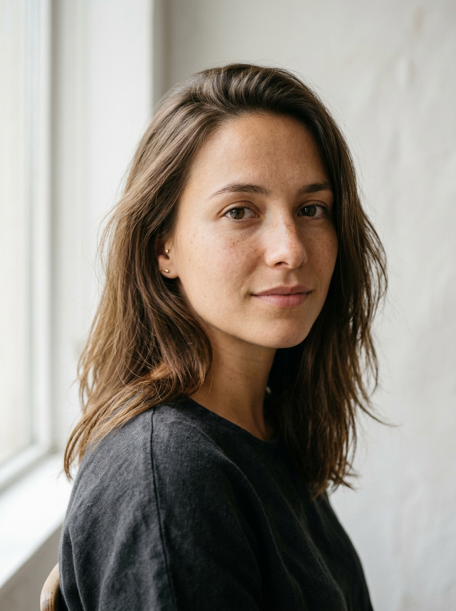 Editorial portrait of a woman in her late 20s with shoulder-length natural brown hair, soft window light from camera left, neutral off-white background — the unedited selfie every variant below started from.