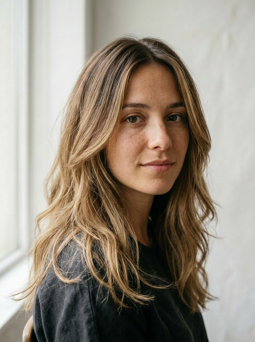 Anna with long bronde layered hair — mid-back length, long face-framing layers, soft waves through mid-lengths and ends, sun-kissed dimensional color with darker roots and warmer blonde ends.