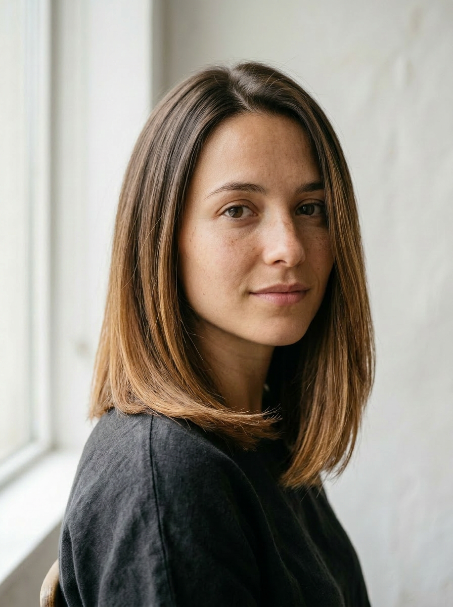Anna with a sleek shoulder-grazing caramel lob — dark roots melting into warm caramel ends in a balayage, soft center part, glossy finish. Face identical to the before.