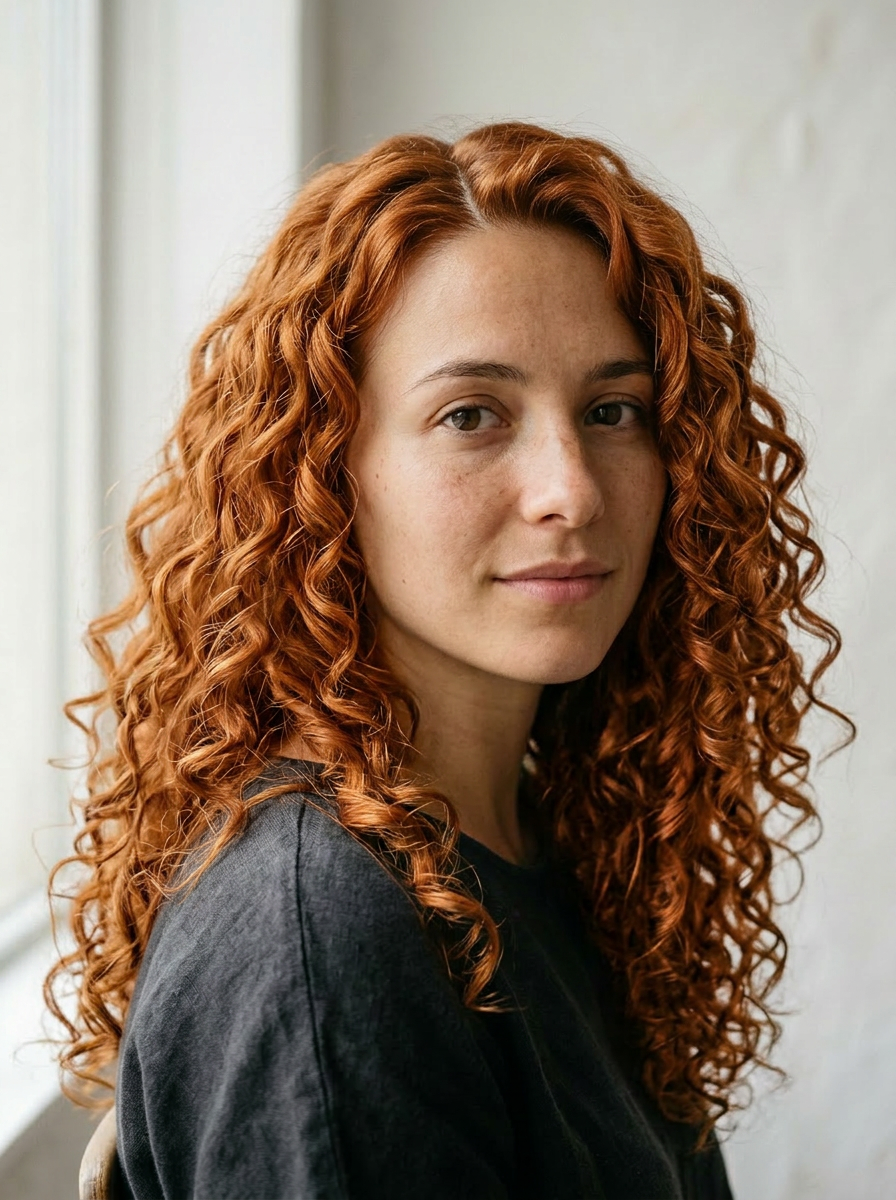 Anna with long voluminous copper spiral curls — past-shoulder length, rich warm copper-red color, defined 3B spiral pattern, center part, healthy natural shine.