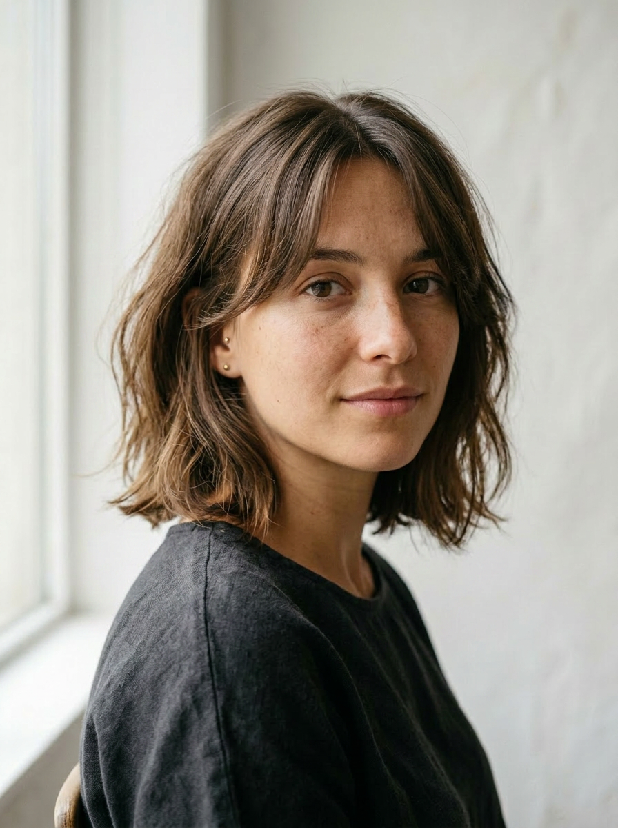 Anna with a French curtain crop — above-shoulder length, curtain bangs framing the face from a center part, soft face-framing pieces, natural medium brown, effortless Parisian vibe.