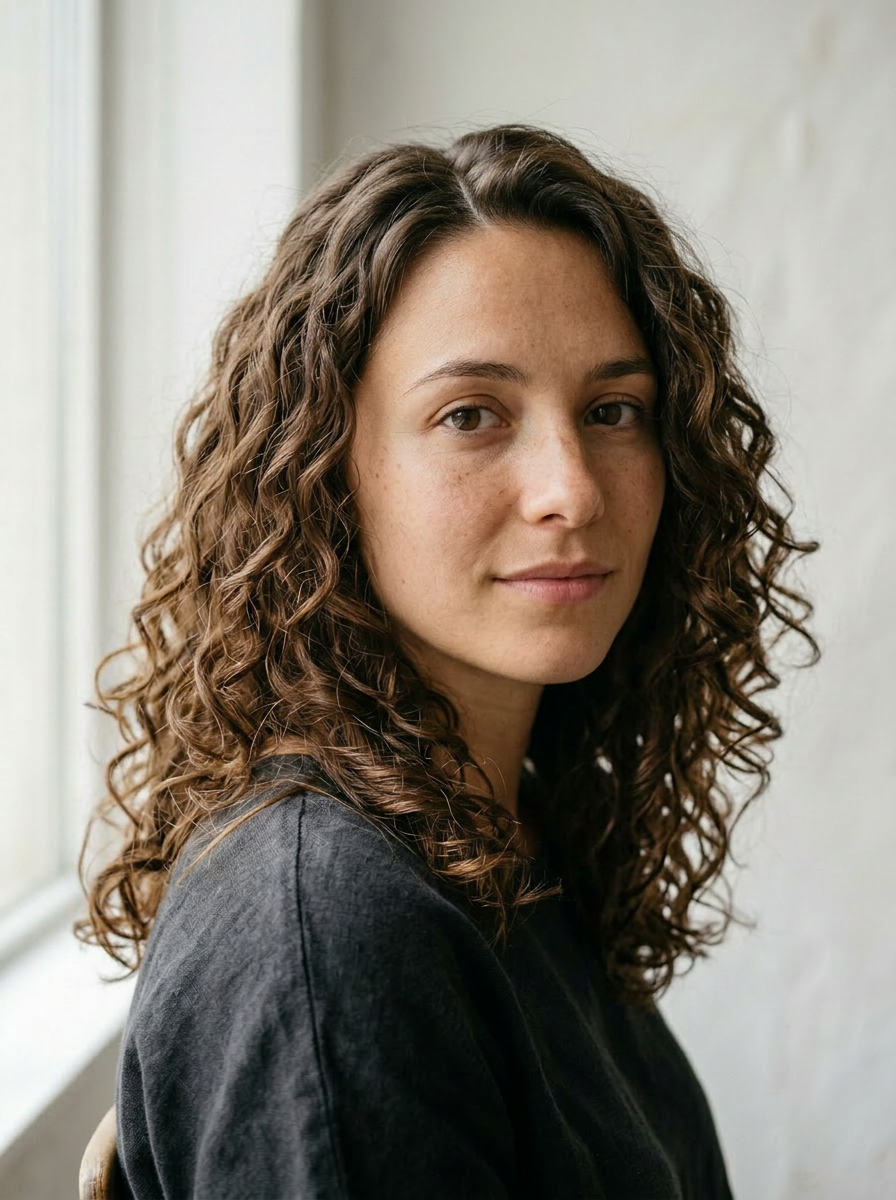 Anna with voluminous shoulder-length defined natural curls in a 3A-3B pattern, middle part, healthy shine, bouncy natural-looking definition. Face fully preserved.