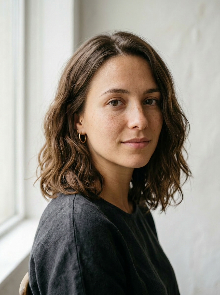Anna with effortless collarbone-length French-style waves — loose bending S-waves, warm brown, middle part, slightly tousled air-dried finish.