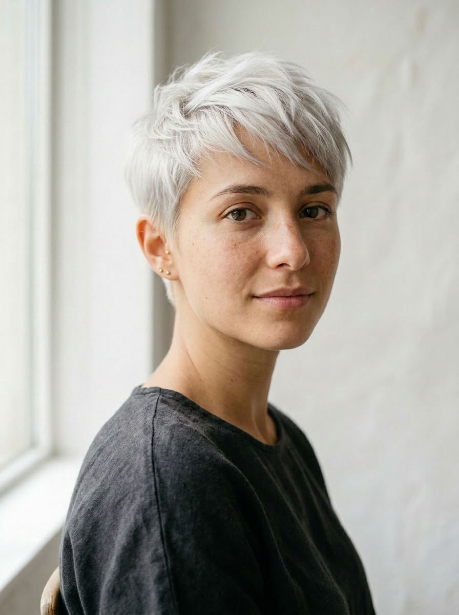 Anna with a sharp platinum ice-blonde pixie cut — cropped close at the sides, textured longer top, nearly white-blonde with cool silver undertones. Skin stays warm and natural.