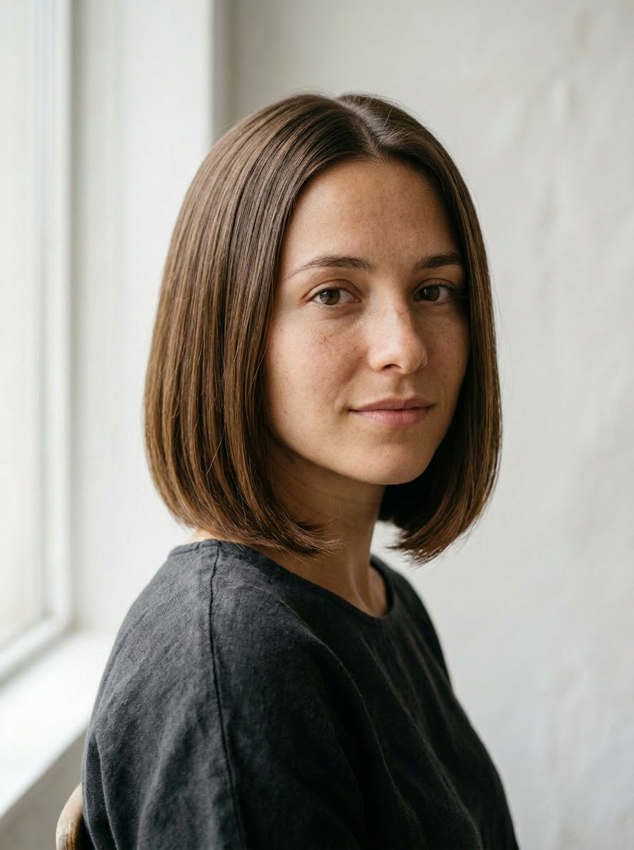 Anna with a glossy chin-length Italian bob, blunt cut with a centered part and warm chestnut-brown color, face and features unchanged from the before selfie.