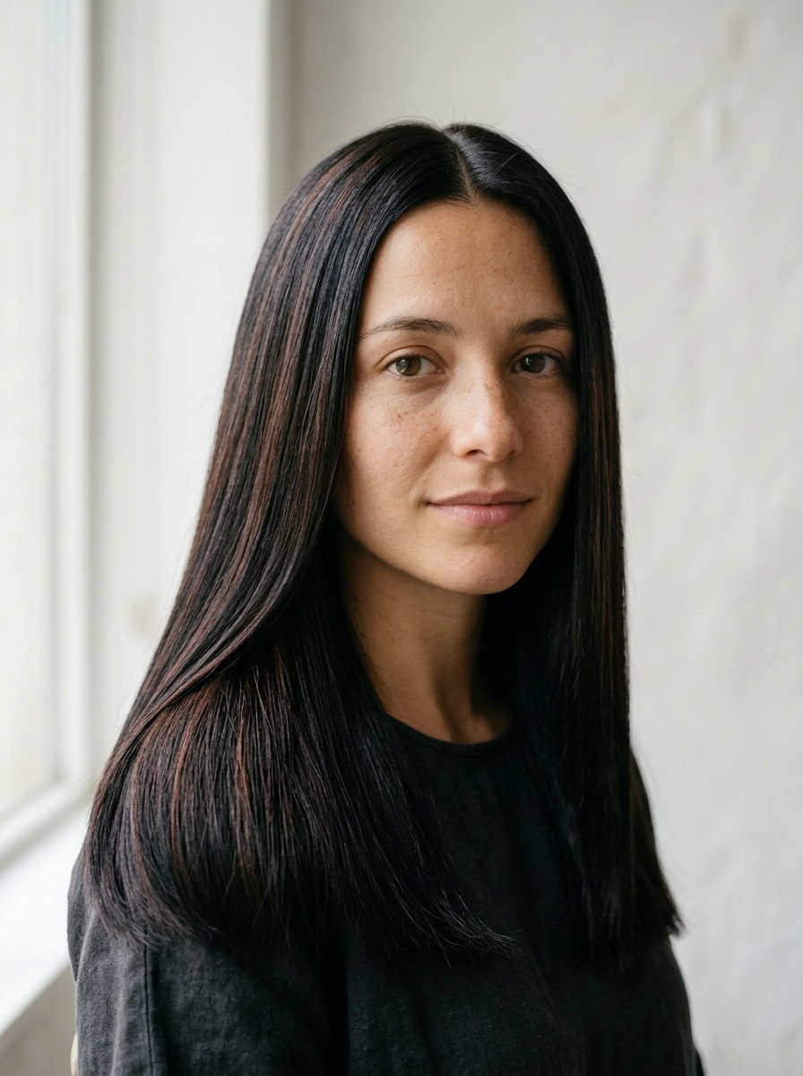 Anna with long straight onyx-black hair past the shoulders, blunt cut at the ends, middle part, glossy mirror-shine finish. Skin tone preserved despite the bold hair color change.