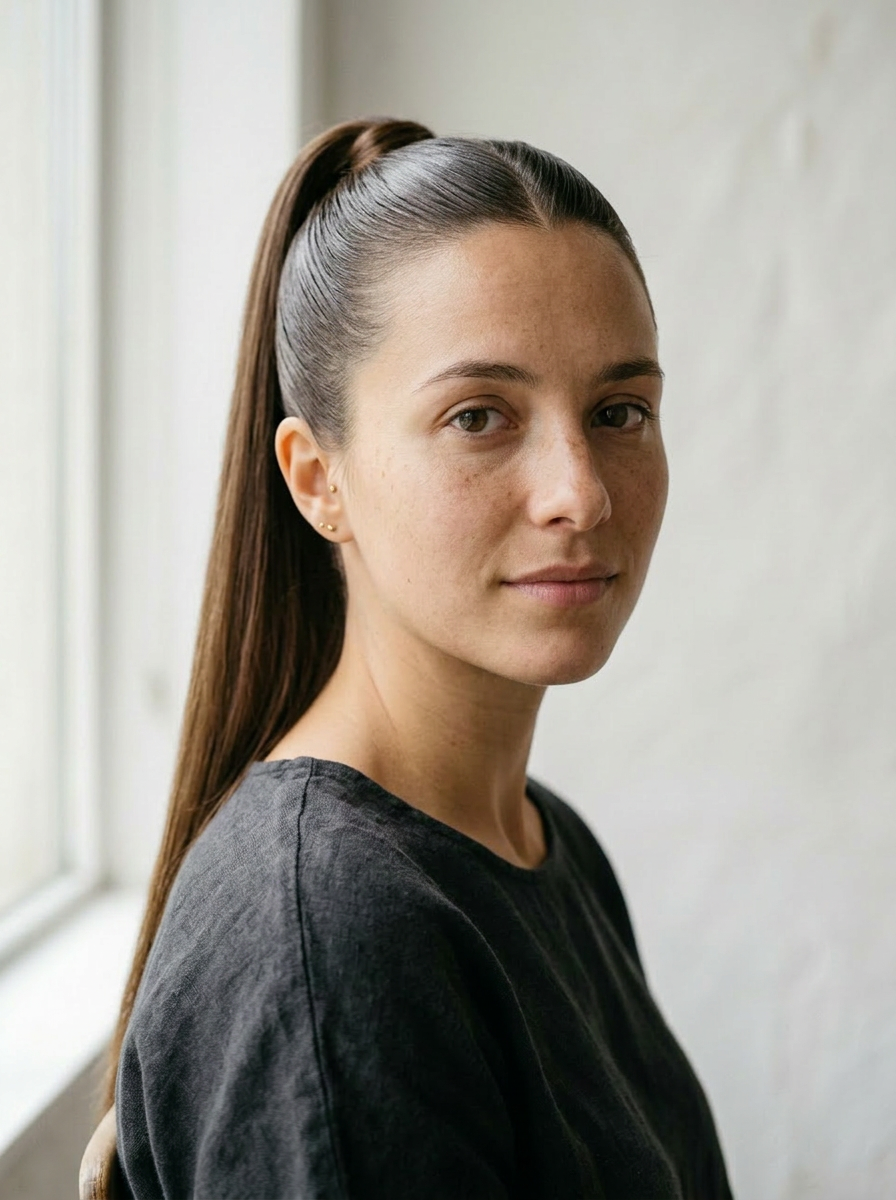 Anna with a sleek high ponytail — hair pulled back smoothly from the face, clean parting at the crown, long straight dark brown ends falling behind the shoulder. Mirror-shine, editorial runway finish.