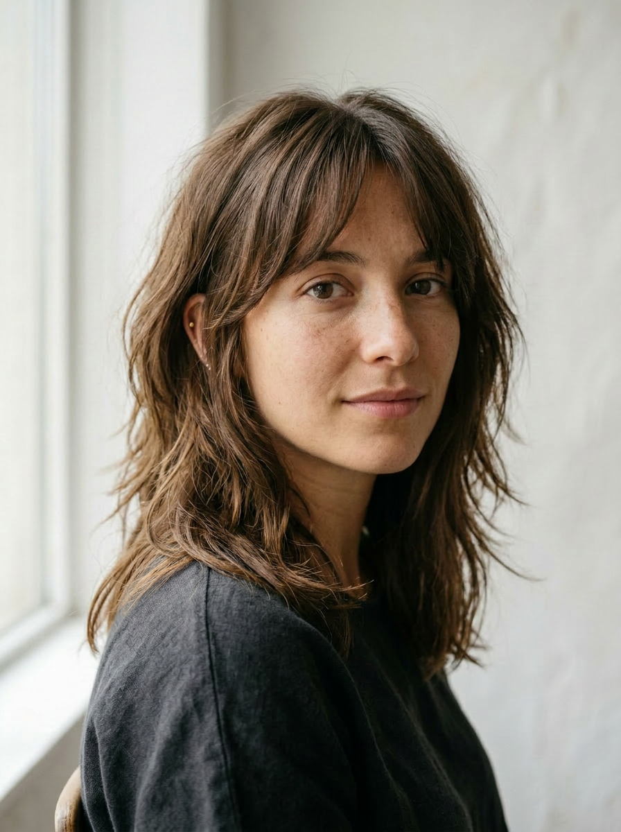 Anna with a soft modern shag — shoulder-length, heavily layered choppy ends, curtain bangs, warm brown, tousled beachy movement. Retro-modern, lived-in.