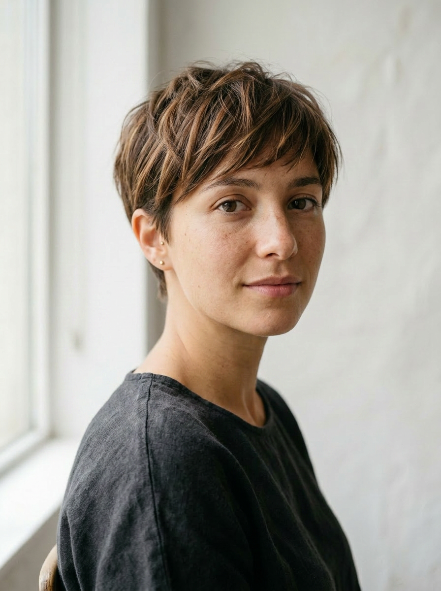 Anna with a modern textured pixie cut — short faded sides, piecey longer top pieces swept forward in natural medium brown with subtle warm highlights. Same face and expression.