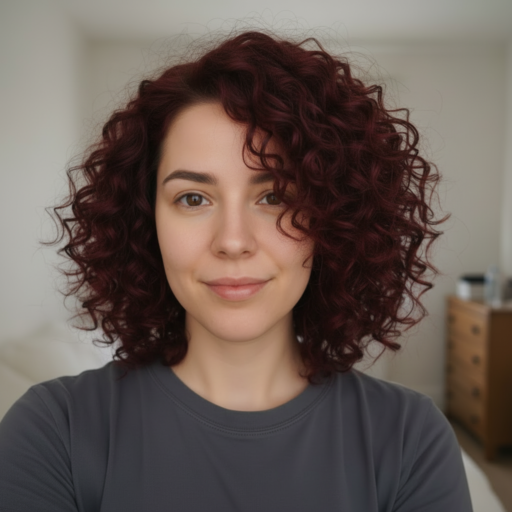The same casual phone selfie from the previous image, with voluminous beautifully defined natural auburn red curls at shoulder length — face, skin, expression, t-shirt, lighting and background unchanged, only the hair transformed by Studio Hair