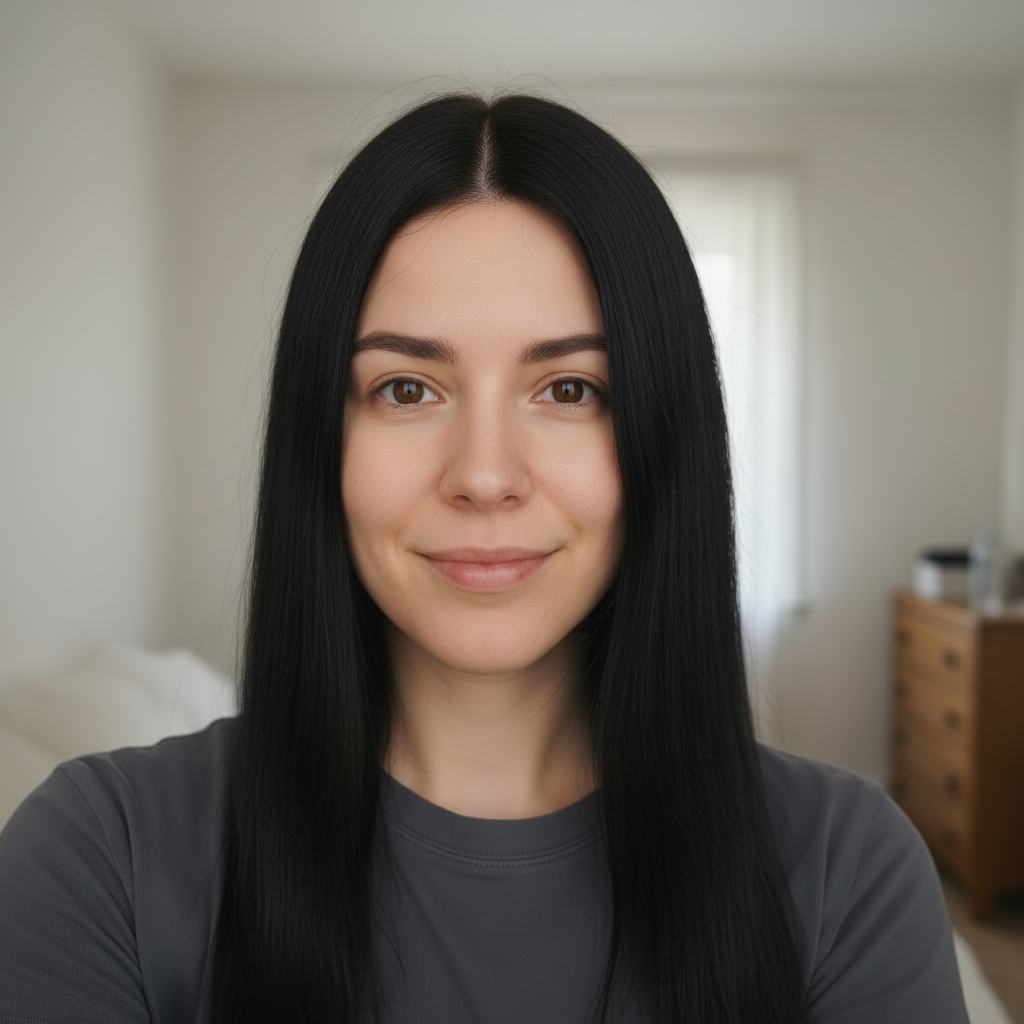 The same casual phone selfie from the previous image, with long sleek glossy jet-black hair past her shoulders, center-parted — face, skin, expression, t-shirt, lighting and background unchanged, only the hair transformed by Studio Hair