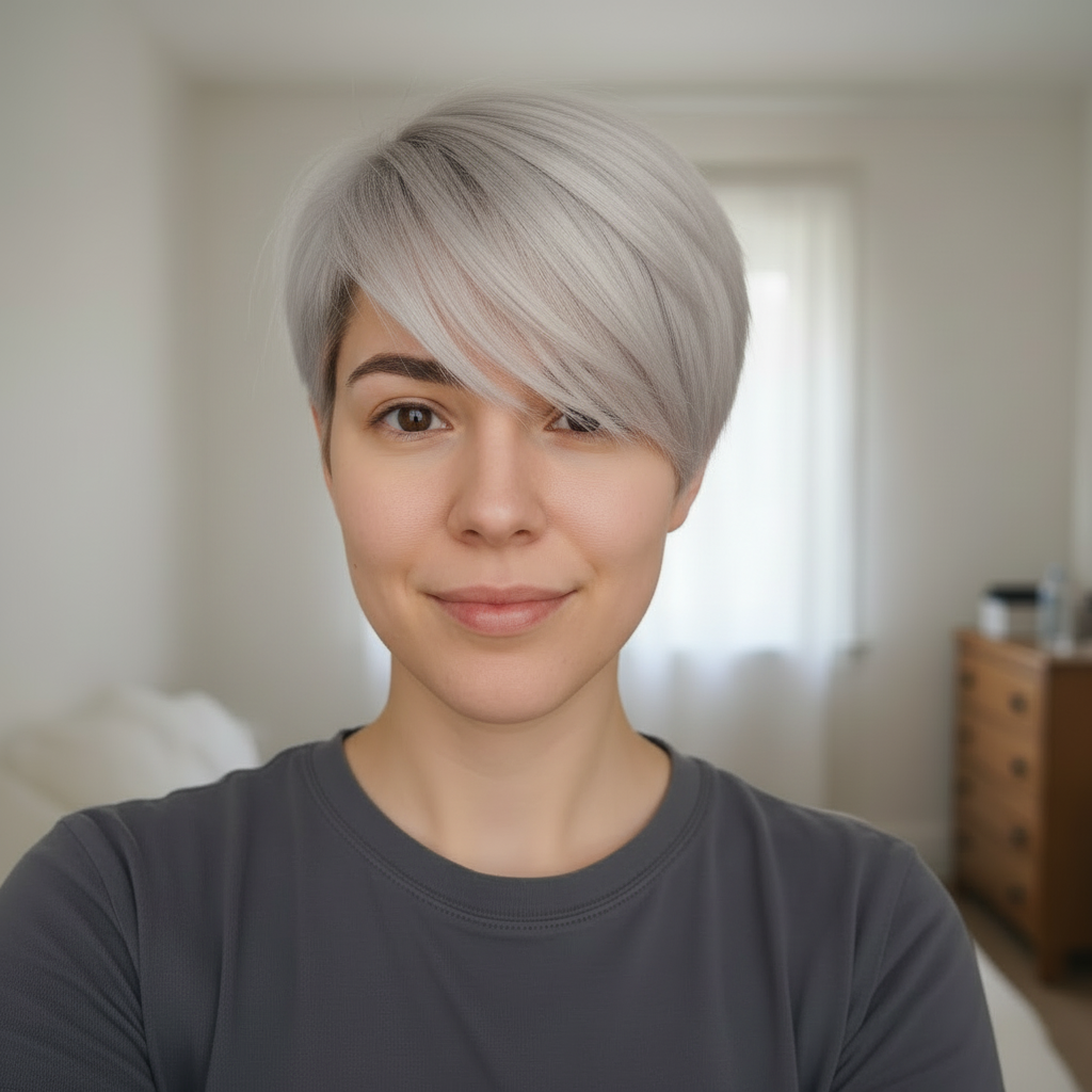 The same casual phone selfie from the previous image, with a sharp short platinum blonde pixie cut, longer textured top swept forward — face, skin, expression, t-shirt, lighting and background unchanged, only the hair transformed by Studio Hair