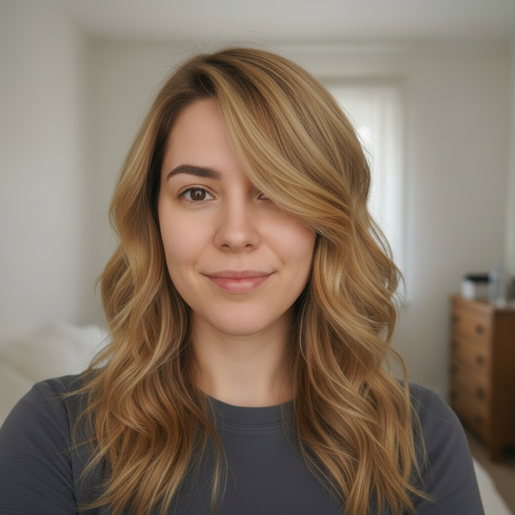 The same casual phone selfie from the previous image, with long flowing French girl waves in warm honey-brown with caramel face-framing highlights — face, skin, expression, t-shirt, lighting and background unchanged, only the hair transformed by Studio Hair
